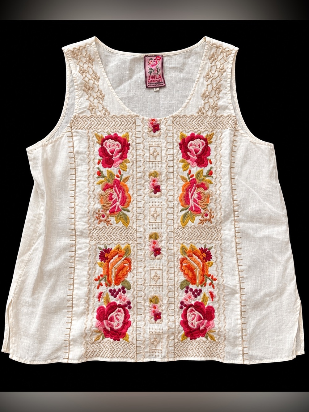 JWLA Johnny Was Embroidered Tank Top Size L White Floral Linen Sleeveless